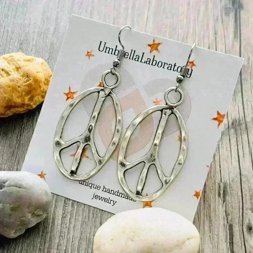 Peace sign hippie earrings hippy accessories silver bohemian retro jewel… - Picture 7 of 9